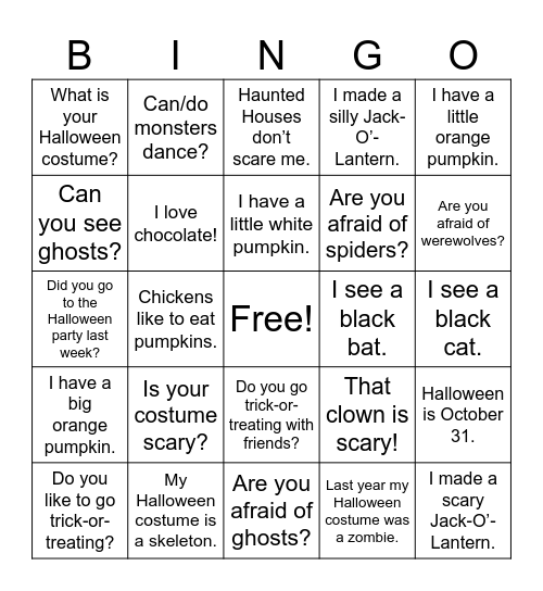 ASL Halloween Phrases Bingo Card