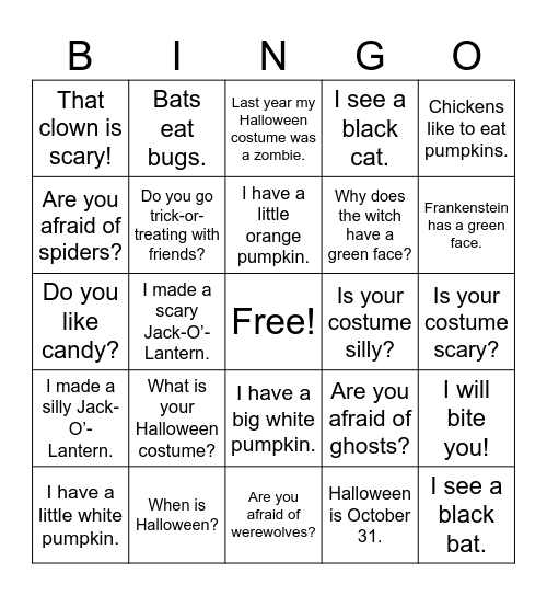ASL Halloween Phrases Bingo Card