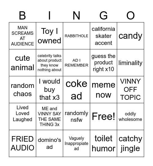 Vinny Commercials Bingo Card