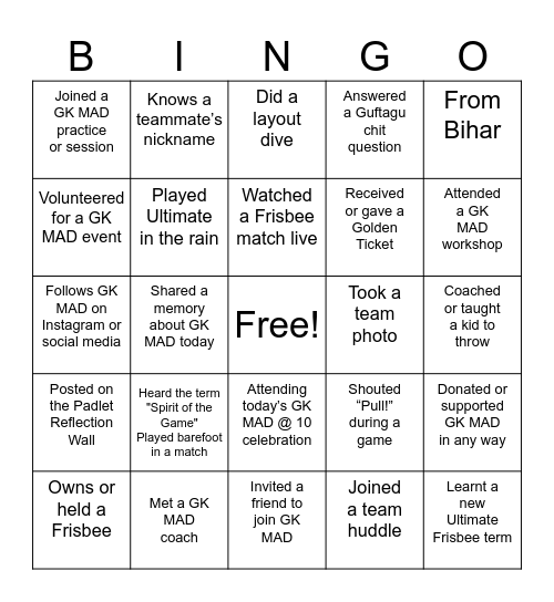 GK MAD @ 10 – BINGO GAME: Celebrating a Decade of Play & Spirit Bingo Card