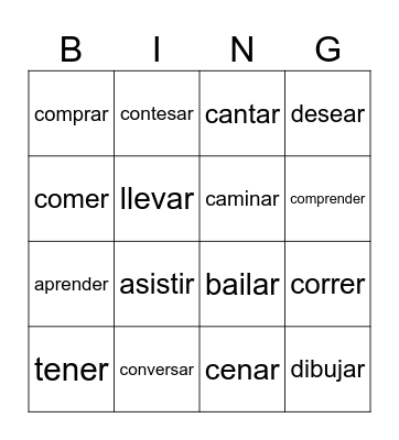 Most common verbs Bingo Card