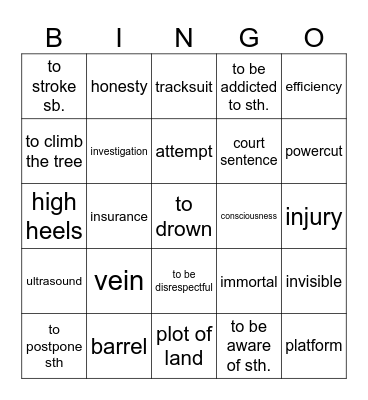 Vocabulary revision Bingo Card