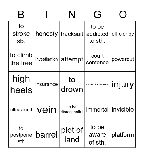 Vocabulary revision Bingo Card