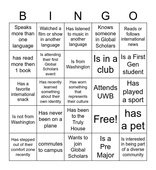 Global Scholars Bingo Card