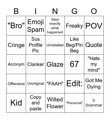 Youtube Shorts Comments Bingo Card