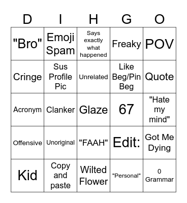 Youtube Shorts Comments Bingo Card