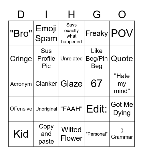 Youtube Shorts Comments Bingo Card