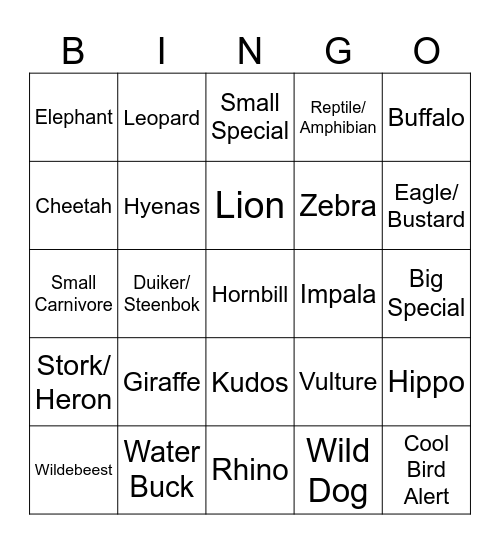 KRUGER SAFARI II Bingo Card