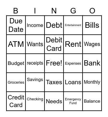 Money Management Bingo Card