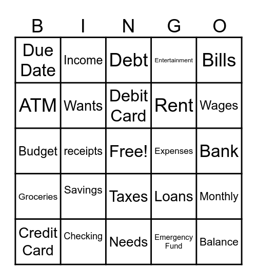 Money Management Bingo Card