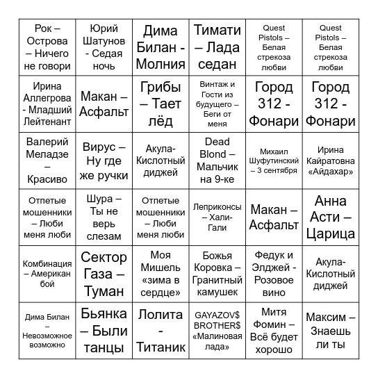 Музыкальное лото Bingo Card