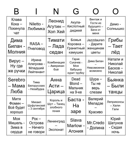 Музыкальное лото Bingo Card