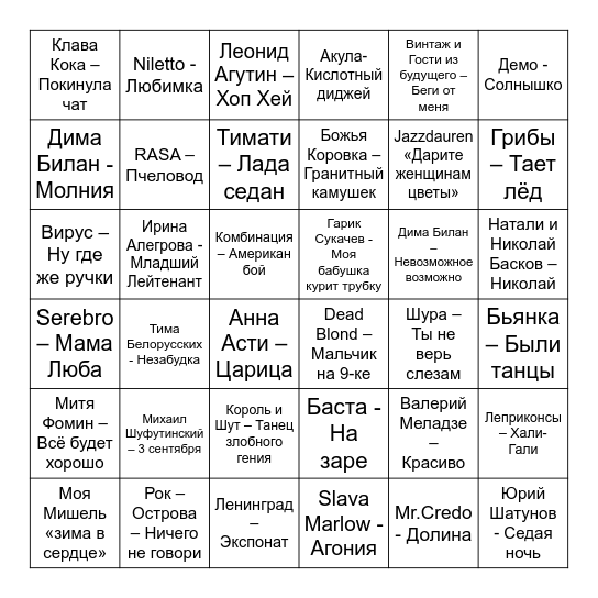 Музыкальное лото Bingo Card