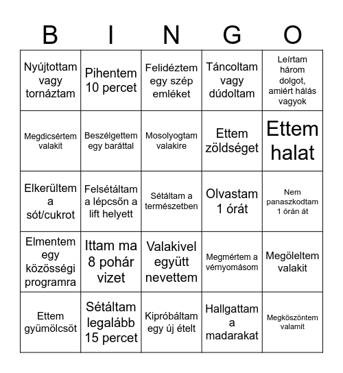 Egészséges életmód Bingo Card