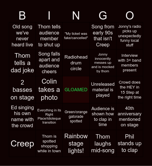 RADIOHEAD TOUR BINGO Card