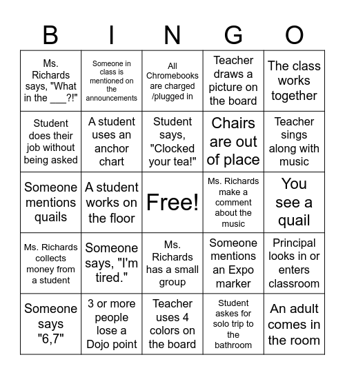 Ms. Richards' Classroom BINGO Card