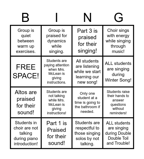 Junior High Chorus BINGO! Bingo Card