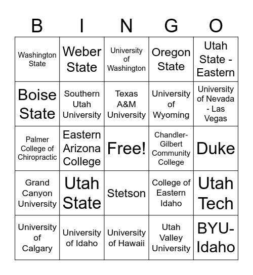 College Bingo Card