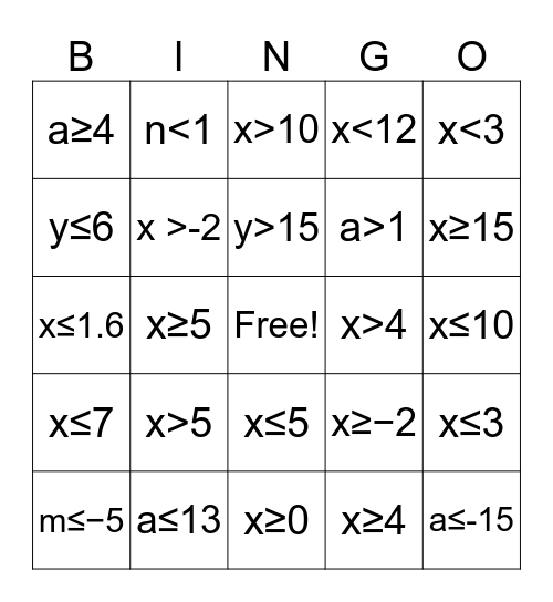 Inequalities Bingo Card