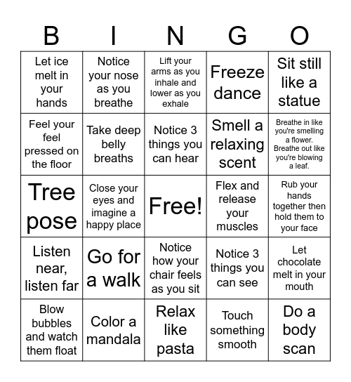 Mindfulness Bingo Card