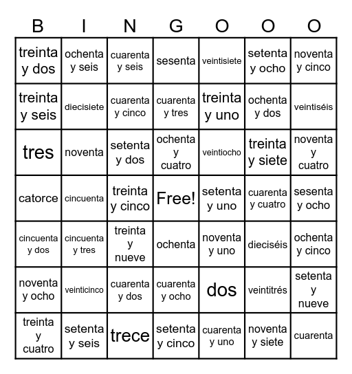 Spanish Number Bingo Card