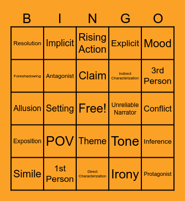 Elements of Fiction Bingo Card