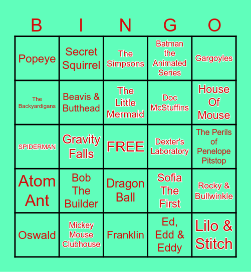 CARTOONS BINGO Card