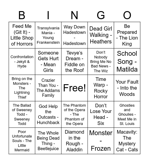 Broadway Bingo - Halloween Edition Bingo Card