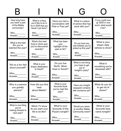 MABLE BINGO Card