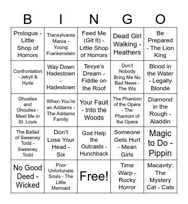 Broadway Bingo Halloween Edition Bingo Card