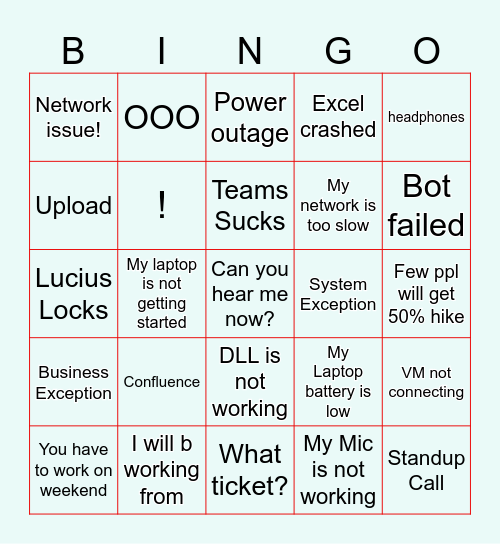Half Hour Hangout Bingo Card