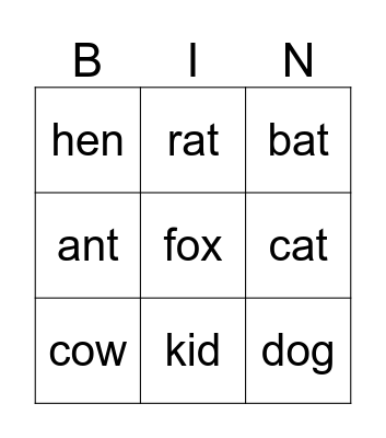 Animals Bingo Card