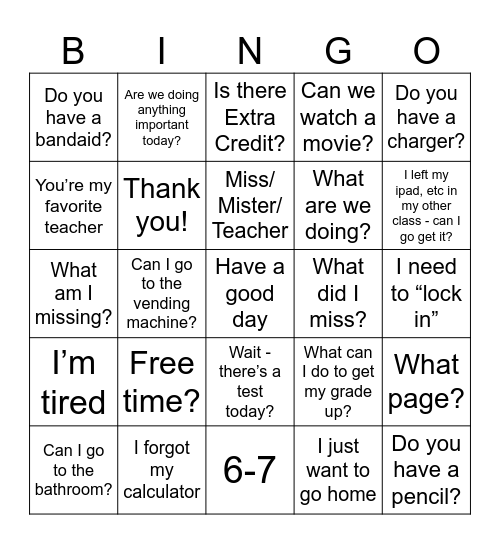Math/Science Department BINGO Card