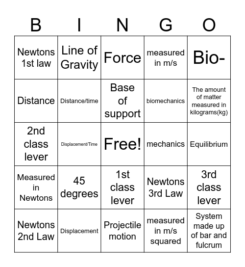 Biomechanics Review Bingo Card