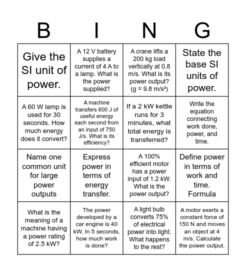 POWER Bingo Card