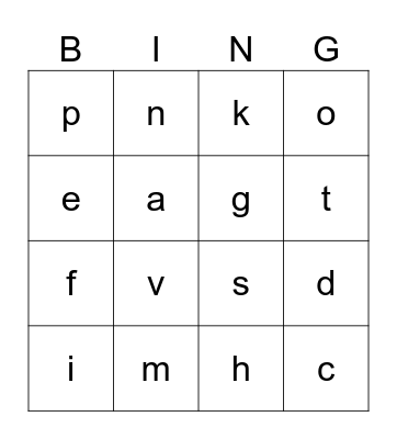 lowercase letters Bingo Card