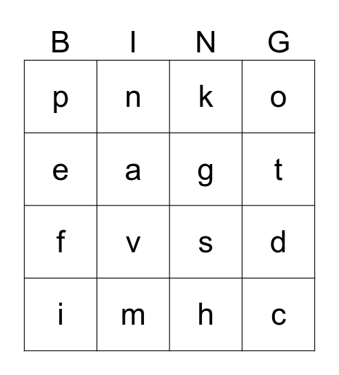 lowercase letters Bingo Card