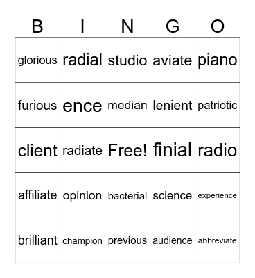 Final endings starting with an i Bingo Card