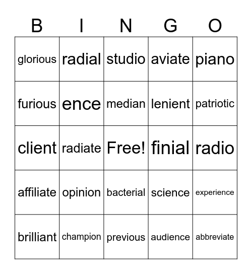Final endings starting with an i Bingo Card