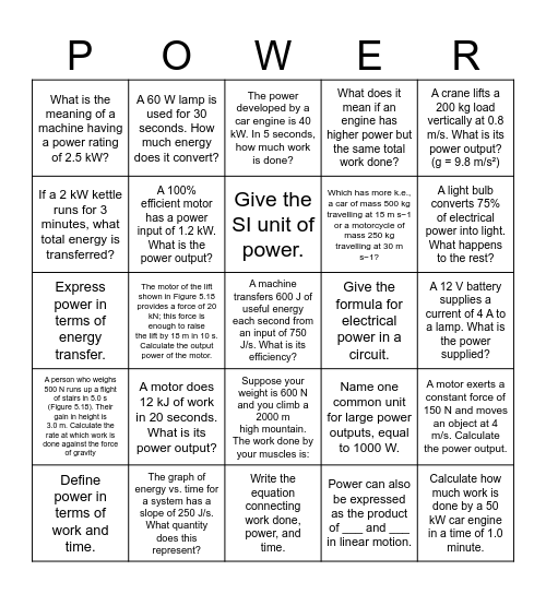 P Bingo Card