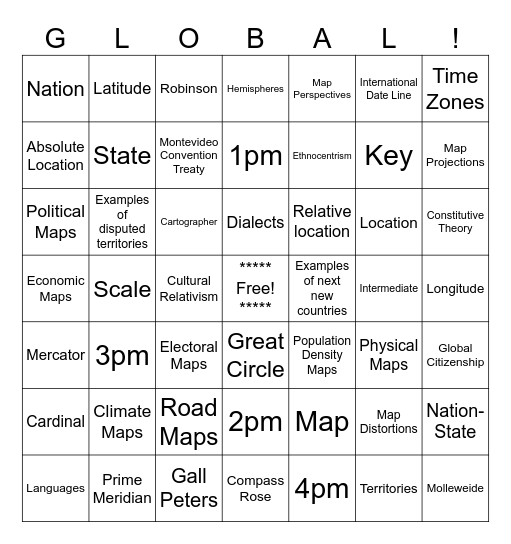Geography Vocab Bingo Card