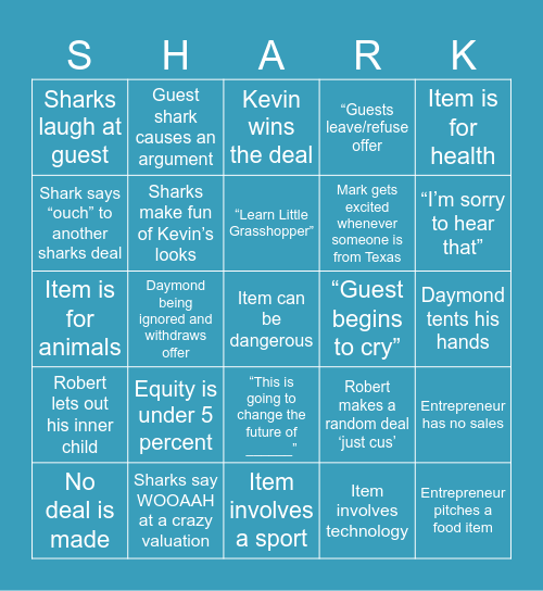Shark Tank Bingo Card