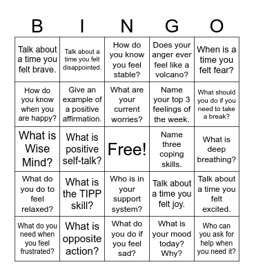 Emotion Regulation Bingo Card
