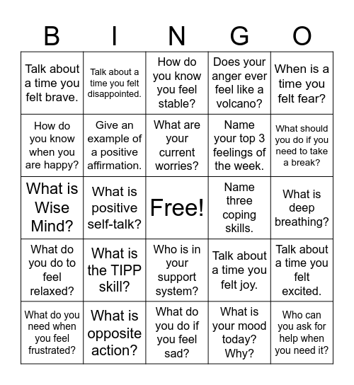 Emotion Regulation Bingo Card