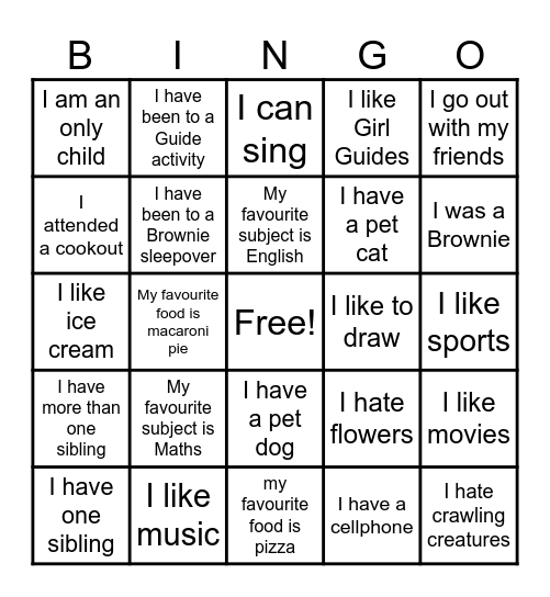 Guide Friendship Bingo Card