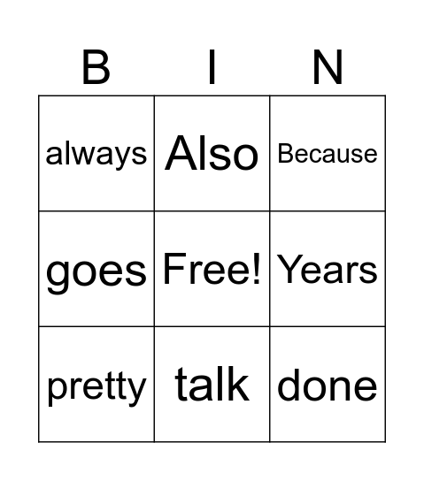 High frequency Words Week 1 Bingo Card