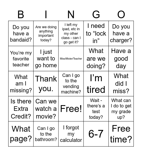 Math/Science Bingo Card