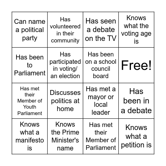 TYC Debates and Democracy Day - BINGO Card