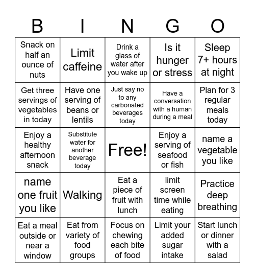 Healthy Habits Bingo Card
