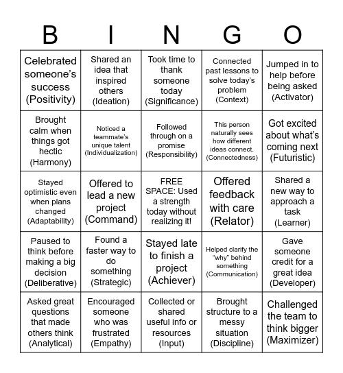 Strengths Bingo Card